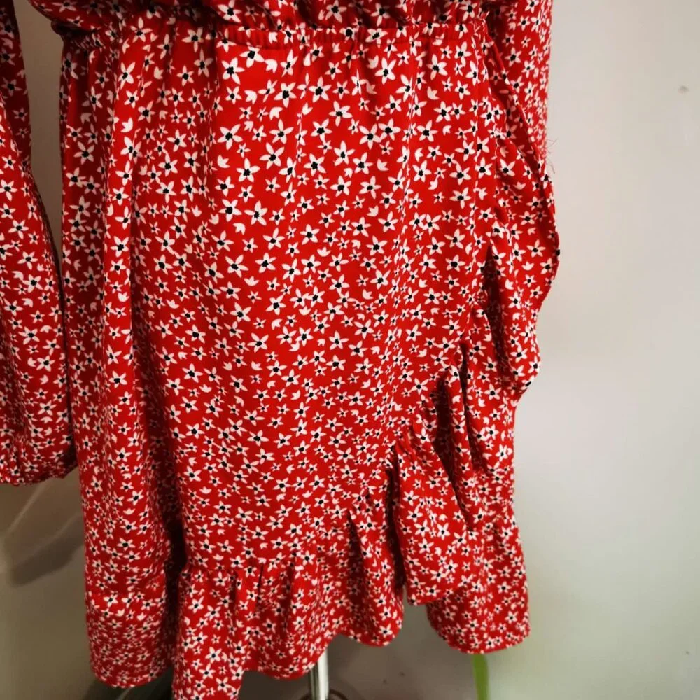 Dynamite Bright Red Floral Ruffle Wrap Long Sleeve Dress(M) - Picture 8 of 10